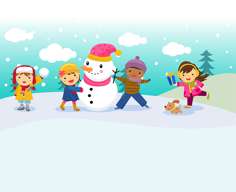 插圖的快樂的孩子和雪人圖片素材
