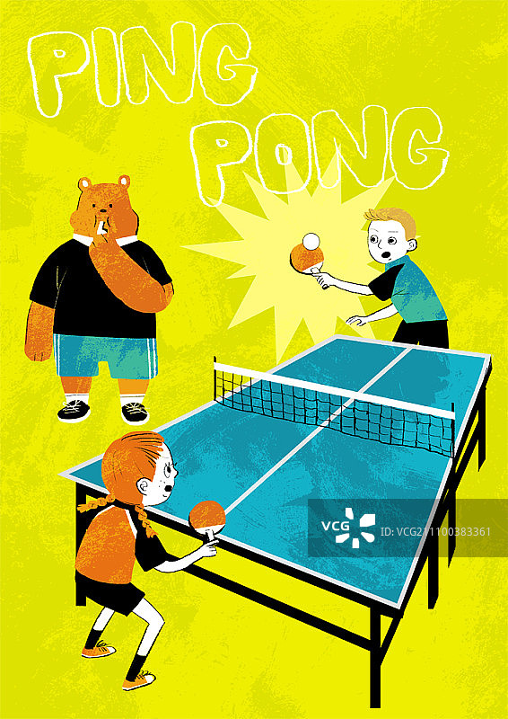 两个孩子打乒乓球，熊裁判吹哨图片素材