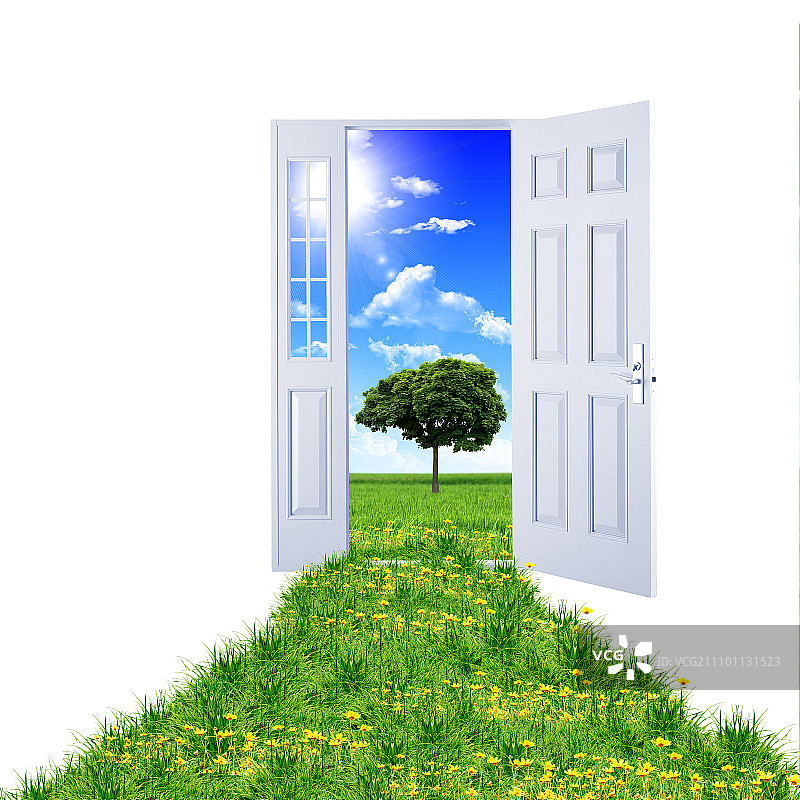 打开门，通往美丽干净的自然，绿草蓝天图片素材