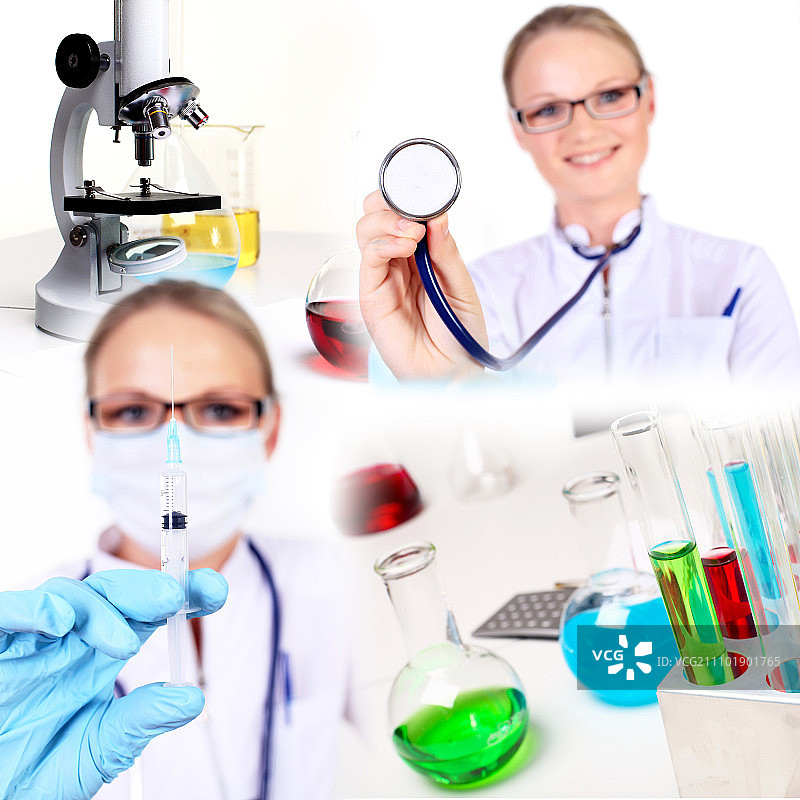 一个医生在实验室和不同的科学设备工作的形象图片素材