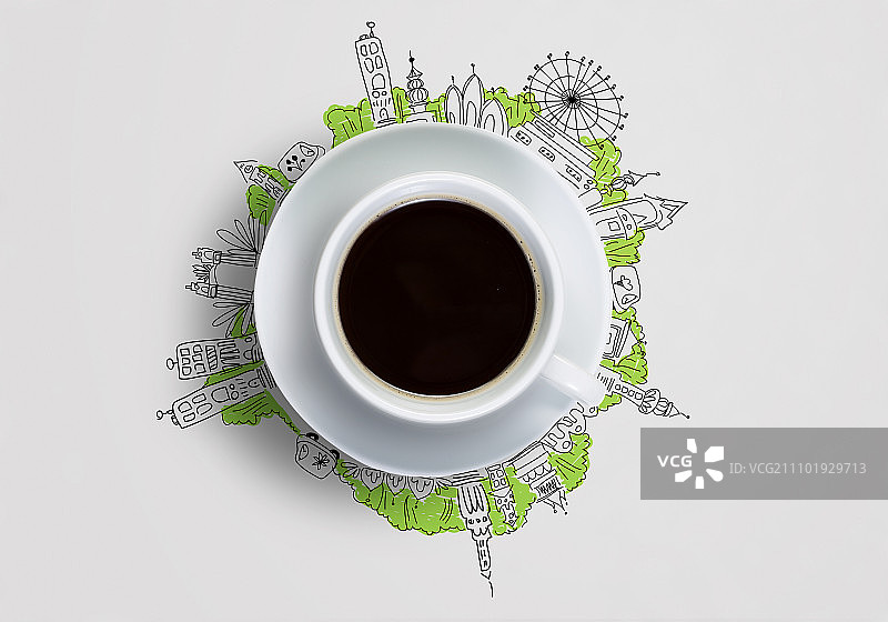 喝咖啡的时间。白色的咖啡和周围的建筑草图图片素材