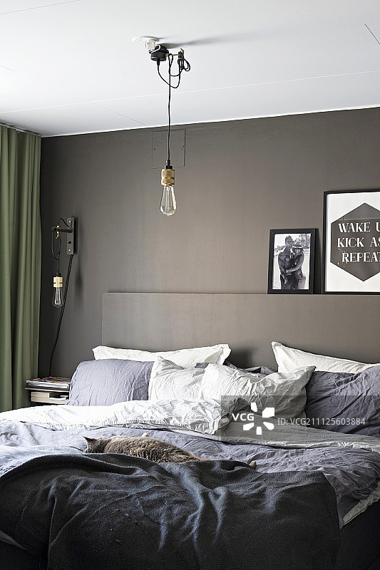 舒适的双人床在现代卧室与灰色油漆墙图片素材