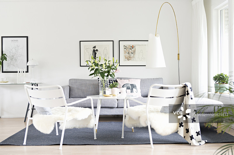 白色花园椅上的羊皮，浅灰色沙发和休息区的设计师标准灯图片素材