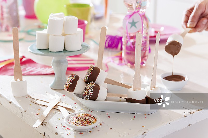 生日派对上的桌子上放着巧克力酱的棉花糖棒图片素材