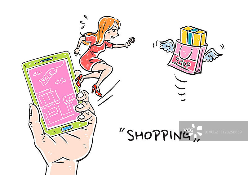 智能手机和购物主题插图图片素材