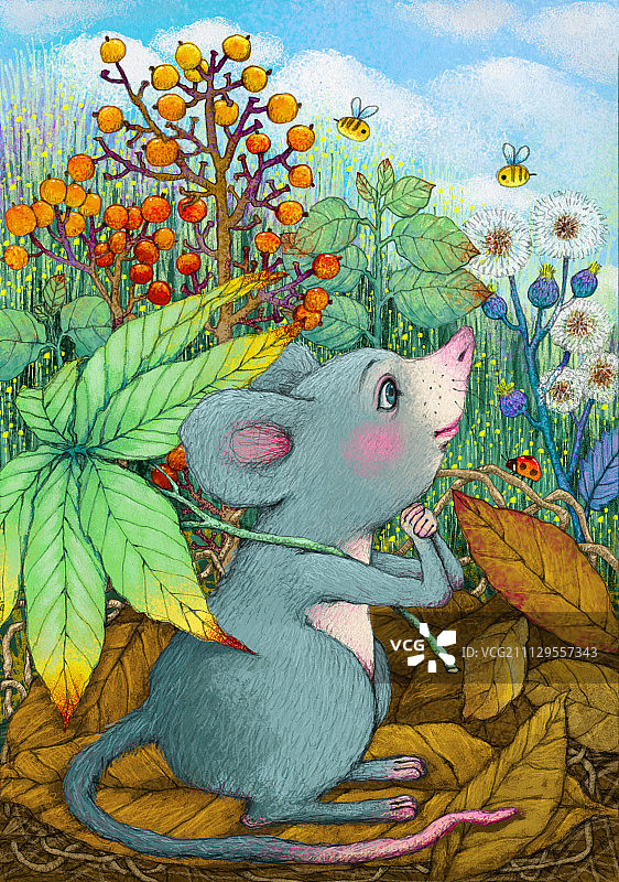 动物创意插画系列-树丛中的小老鼠图片素材
