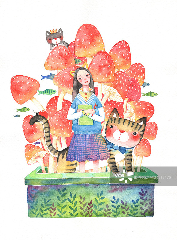 365唯美水彩插画系列-红蘑菇女孩图片素材