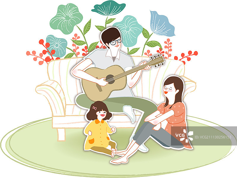 男人在弹吉他，女人和小女孩在唱歌图片素材