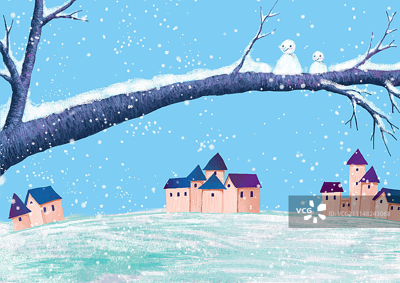 唯美背景元素组图共3000多幅-树干上的雪人和雪地上的房屋图片素材