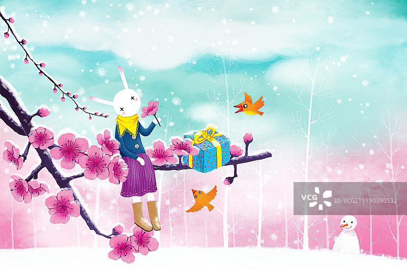 动物插画系列作品共3000幅-冬天幸福花开图片素材