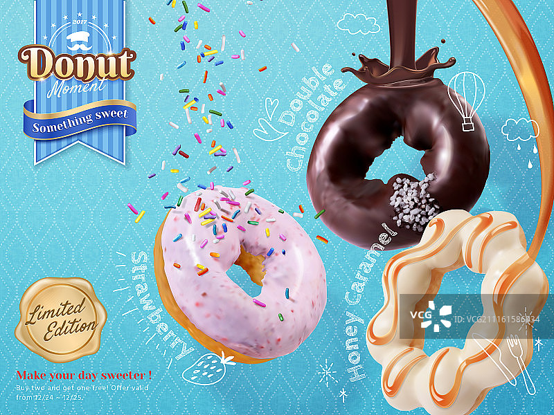 缤纷甜甜圈广告设计﹐三种口味多拿滋搭配丰富馅料图片素材