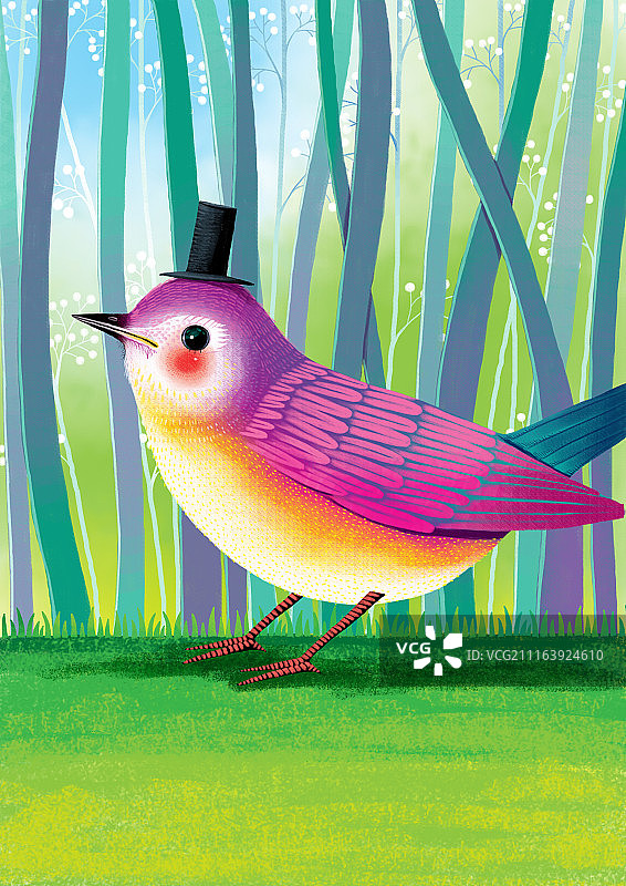 动物插画系列作品共3000幅-带着大礼帽的鸟图片素材