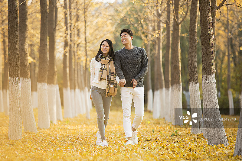 快乐的年轻情侣在树林散步图片素材