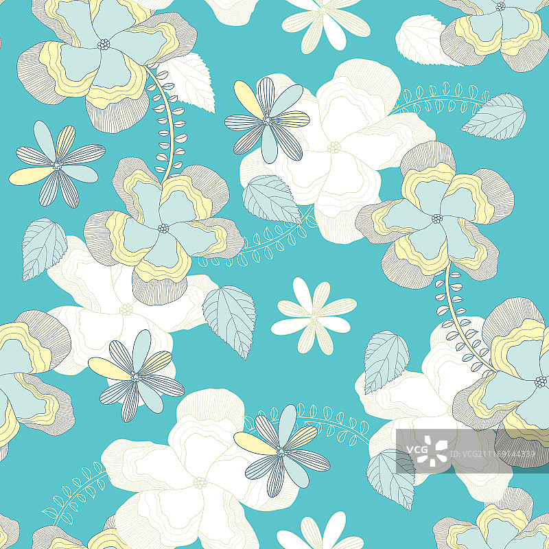 优雅无缝花卉背景素材，淡蓝色背景线条花朵图片素材