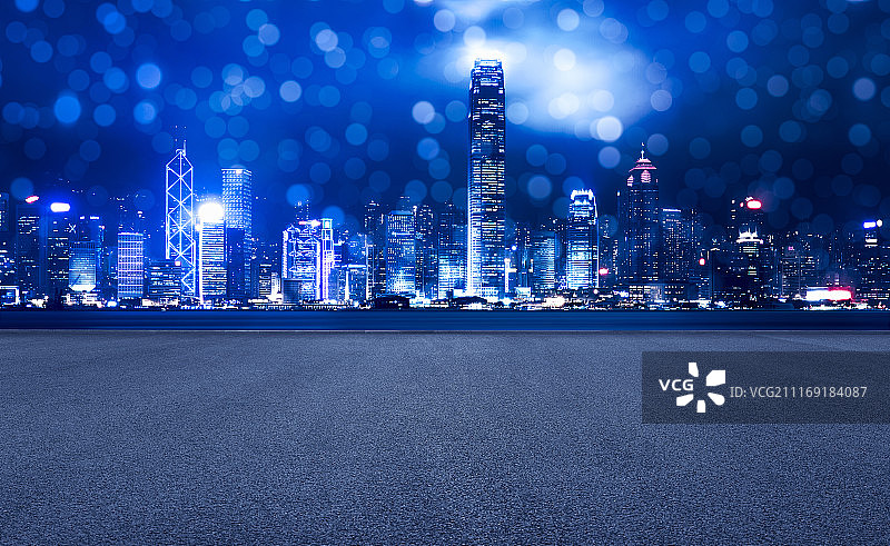 香港海岸线摩天大楼光斑效果和广场地面图片素材
