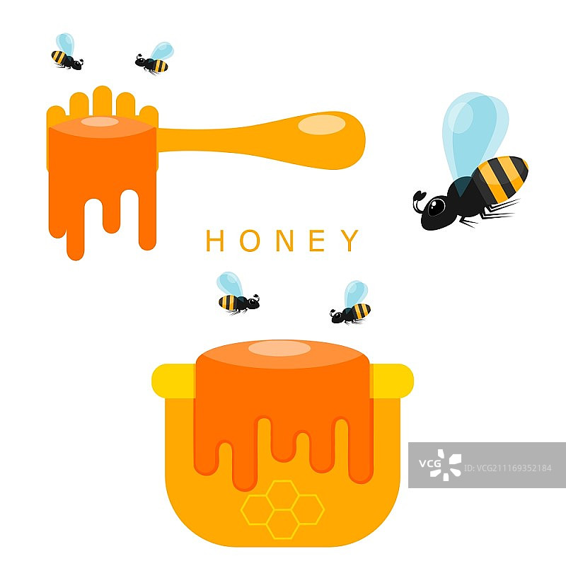 舀蜂蜜，罐子和蜜蜂在白色的背景。矢量图图片素材