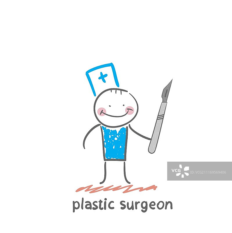 整形外科医生用手术刀。有趣的卡通风格插图。生活的状况。图片素材