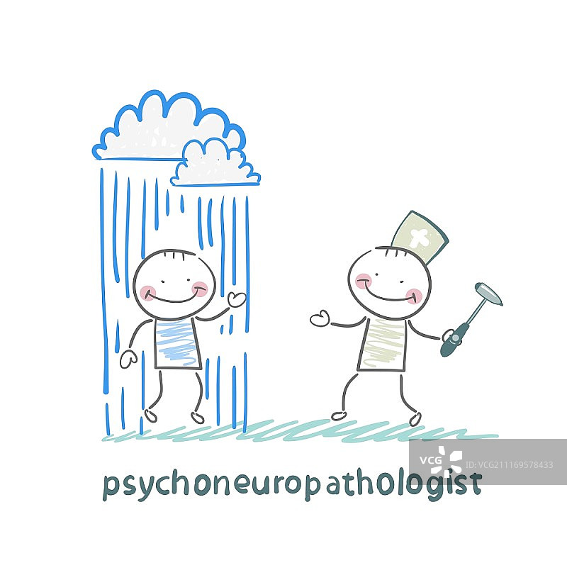 精神神经病理学家站在一个紧张的病人旁边，大雨正倾盆而下图片素材