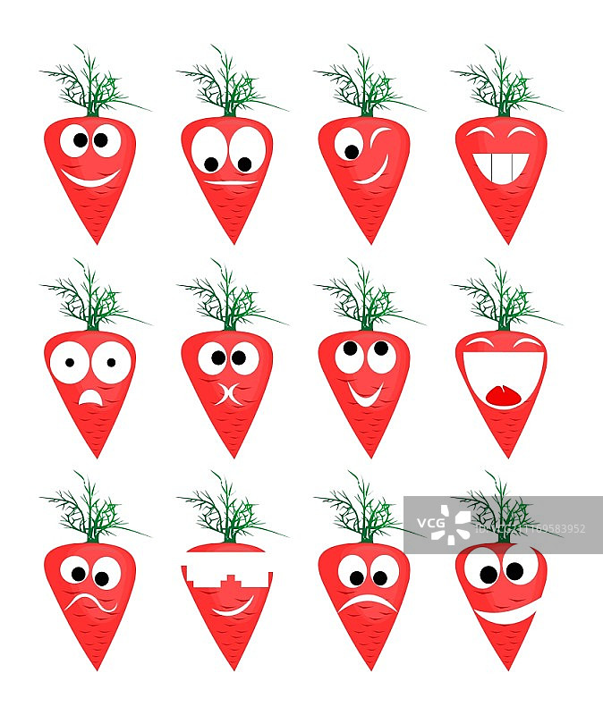 胡萝卜的微笑。蔬菜和水果的人可笑的表情图片素材
