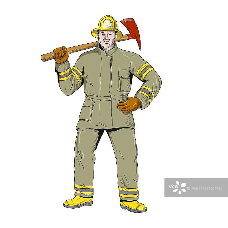 绘制素描风格的插图，一个美国消防队员的消防员第一个反应者举着消防斧在肩膀上站着从孤立的背景上看。美国消防员的消防斧图片素材