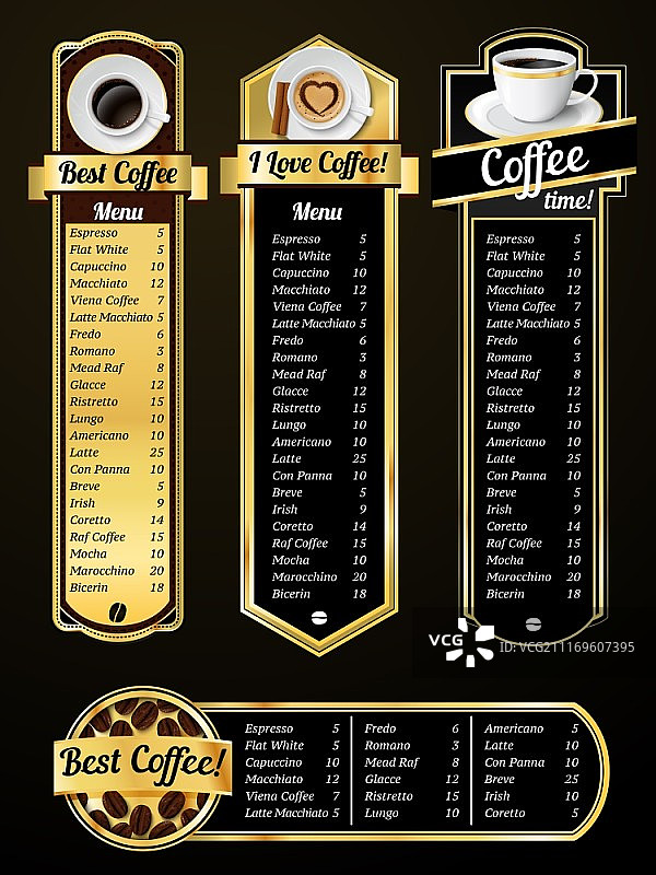 咖啡菜单模板与浓缩卡布奇诺拿铁位置矢量插图图片素材