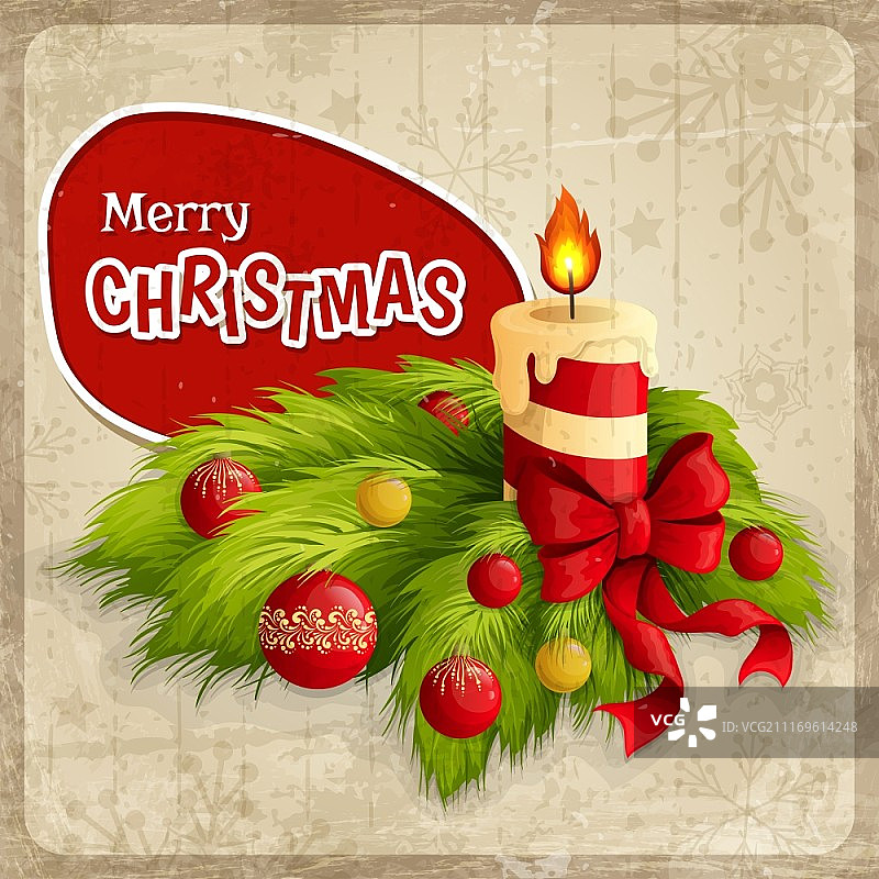 圣诞假期快乐与燃烧的蜡烛和传统装饰矢量插图复古海报图片素材