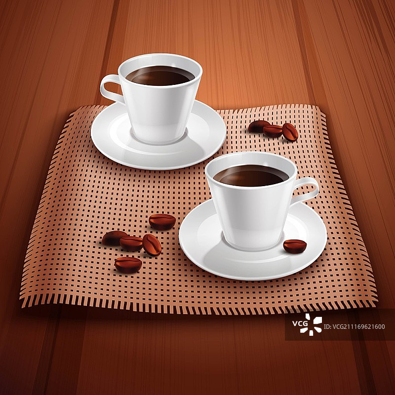 咖啡现实背景与两个瓷杯木制桌子矢量插图。咖啡的现实背景图片素材