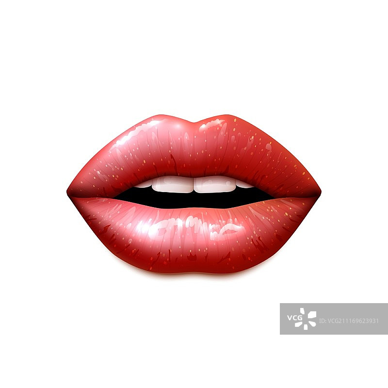 真实的女性张开的嘴，嘴唇覆盖着闪亮的光泽矢量插图。现实的女性的嘴唇图片素材