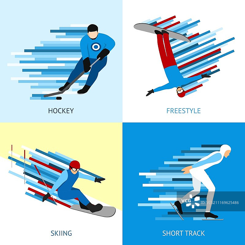 冬季运动员设计概念集曲棍球自由式短道平面图标孤立矢量插图。冬季运动员设计概念图片素材