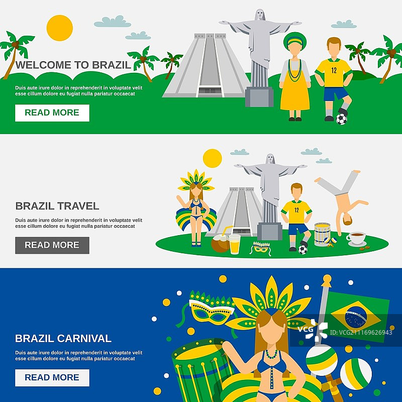 巴西文化3平横幅设置。巴西文化旅游信息互动网页3平面横幅设置为游客和游客抽象矢量插图图片素材