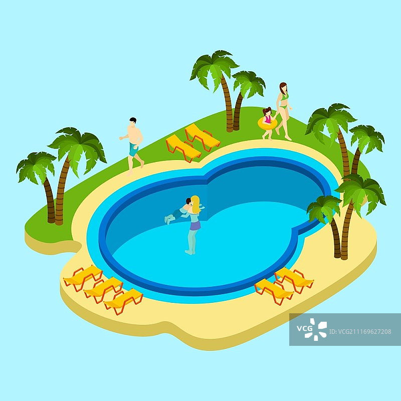人们在水上公园插图。人们在水上公园与游泳池和棕榈树在蓝色的背景等距矢量插图图片素材