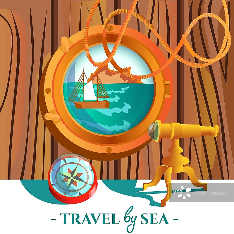 航海的海报。海上旅行航海海报与岩石和帆船在舷窗罗盘和望远镜矢量插图图片素材
