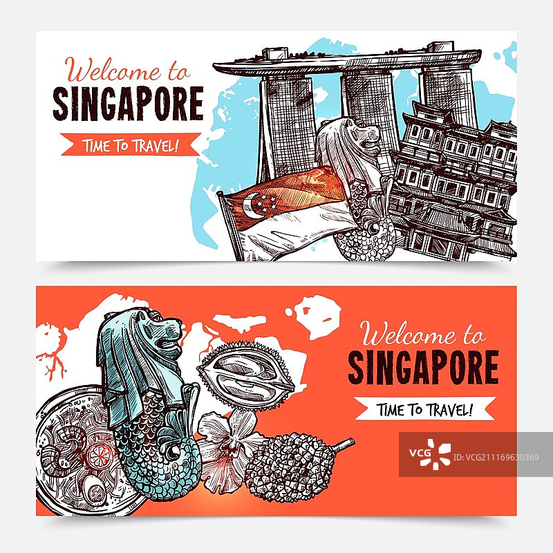 新加坡手绘素描横幅。新加坡手绘素描横幅与酒店滨海湾金沙鱼尾狮和兰花图像矢量插图图片素材