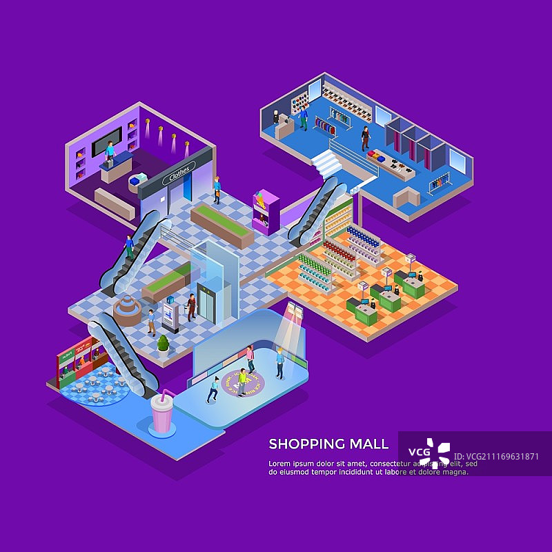 购物中心等距概念。一层购物中心的等距概念与顾客在超市、服装店和溜冰场上的紫色背景矢量插图图片素材