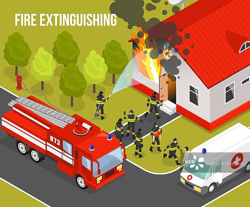 消防部门组成。彩色消防部门组成与情况消防灭火公寓大楼和标题矢量插图图片素材