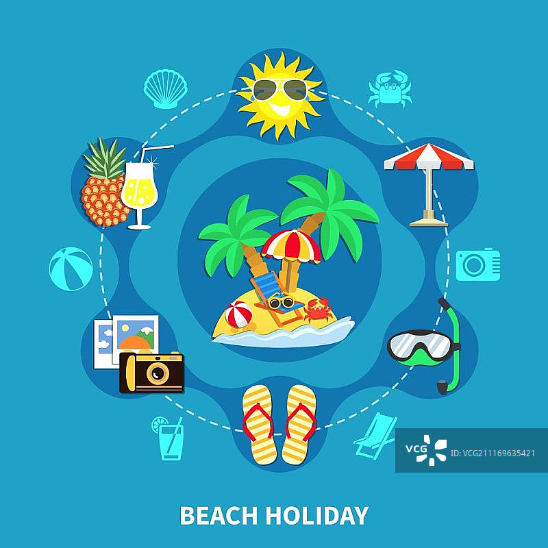 假期图标圆形组成。度假旅游平面组成的海滩度假图像与海上休闲活动设备符号和剪影矢量插图图片素材