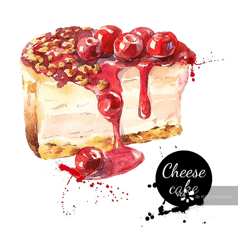 水彩素描樱桃芝士蛋糕甜点。矢量孤立的食物插图在白色的背景图片素材