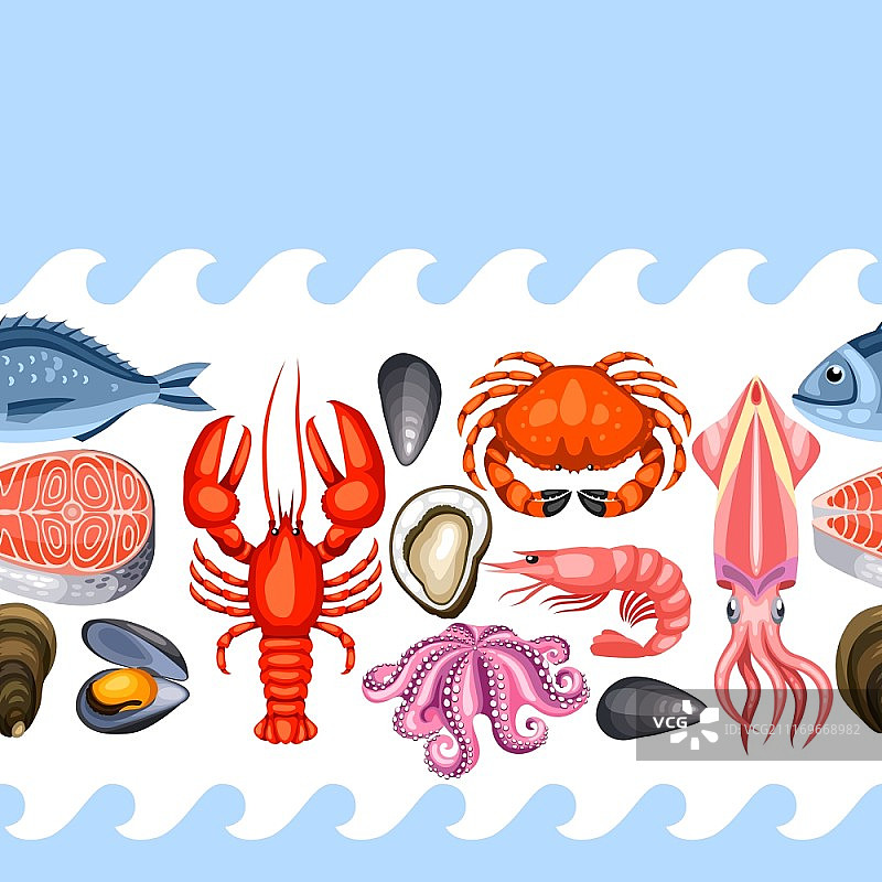 无缝模式与各种海鲜。鱼，贝类和甲壳类的插图。图片素材