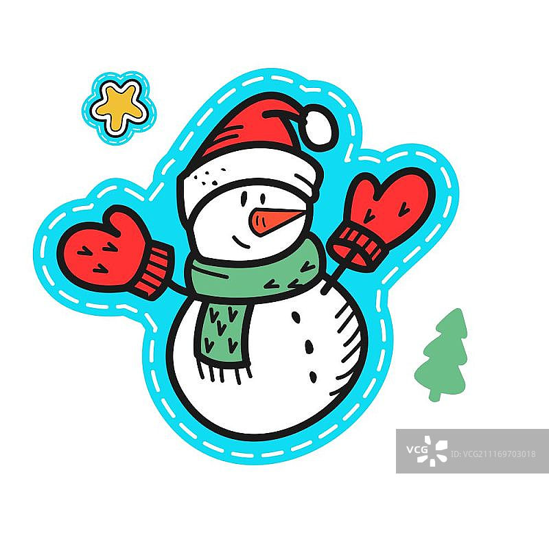 手绘圣诞插图。戴着手套和帽子的雪人。图片素材
