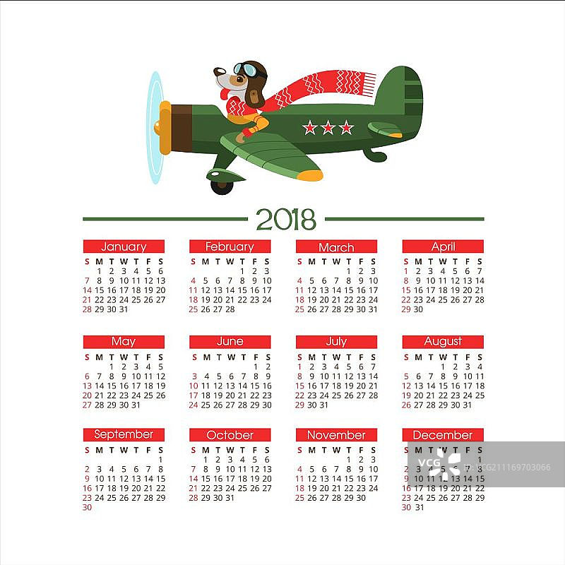 2018年日历。新年快乐!快乐的矢量图。一个有趣的狗狗角色2018飞上飞机。图片素材