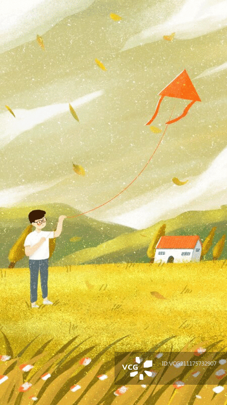 落叶的秋季男孩在空旷的草地上方风筝图片素材