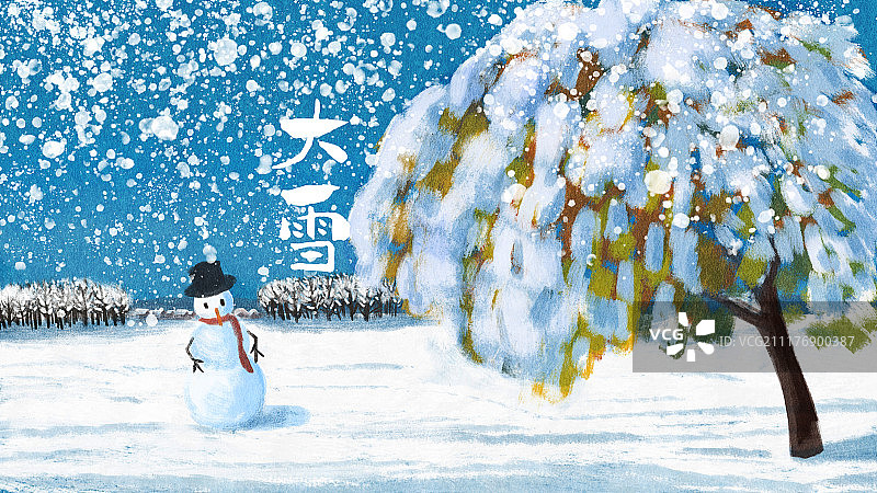 大雪 下雪树木积雪蓝天雪人图片素材