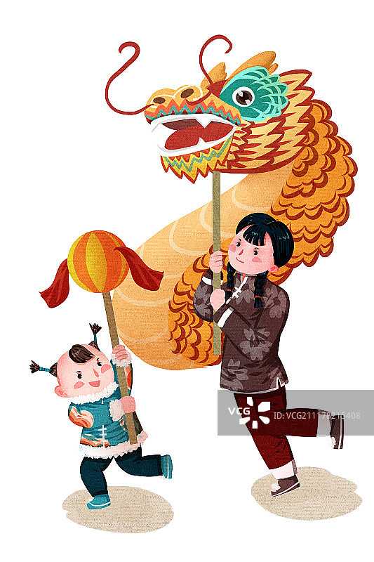 传统春节民俗姐弟人物系列之舞龙图片素材