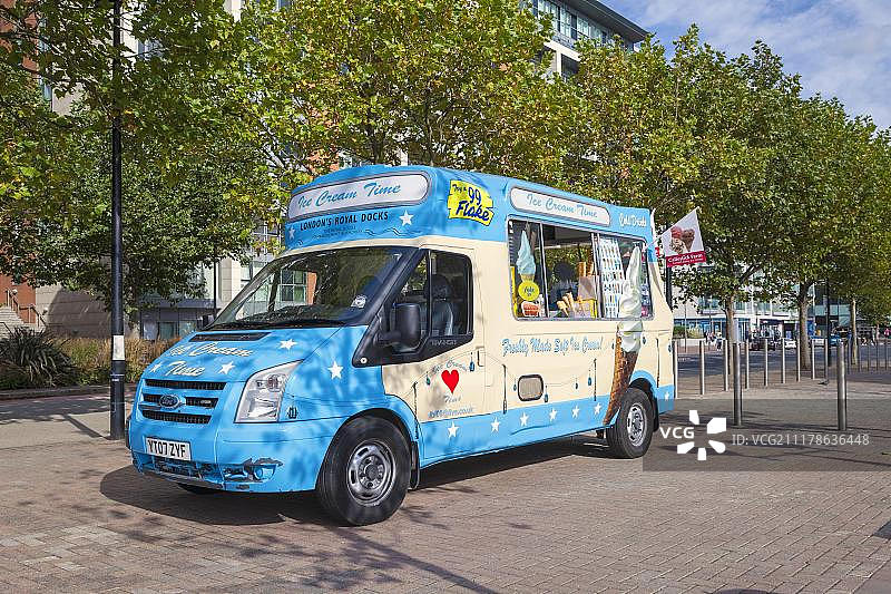 伦敦皇家码头冰淇淋车，英国，伦敦，英国，欧洲图片素材