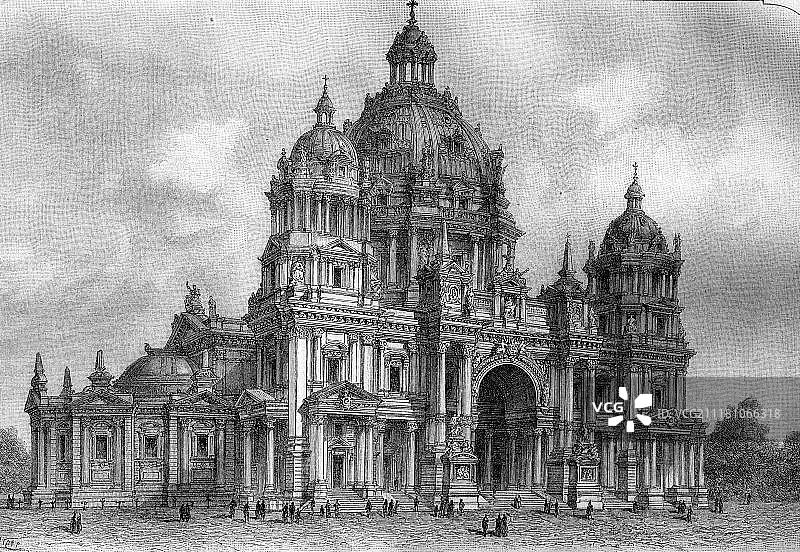 柏林大教堂的新建筑，柏林大教堂，根据朱利叶斯拉施多夫的蓝图，历史木刻，1890年图片素材