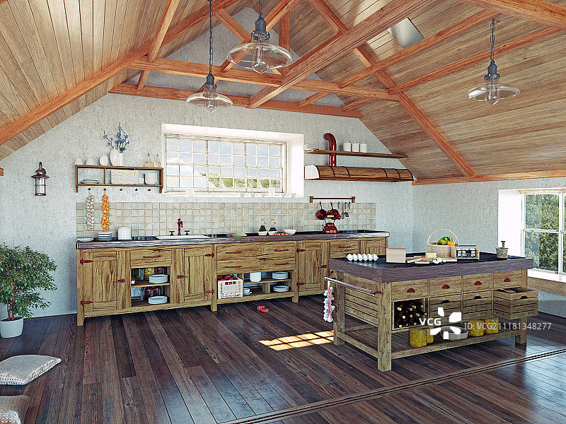 现代厨房内部，阁楼上有岛(3d设计概念)图片素材