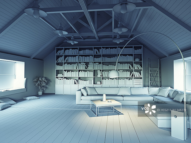 美丽的现代阁楼室内3d设计理念。灰度的影响图片素材
