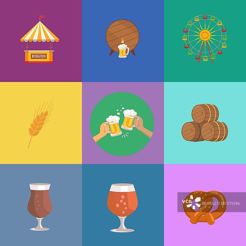 矢量插图十月啤酒节。啤酒和食物。关于啤酒节的矢量插图。彩色背景上的啤酒桶、啤酒、小麦、景点和美食广场的图像。图片素材
