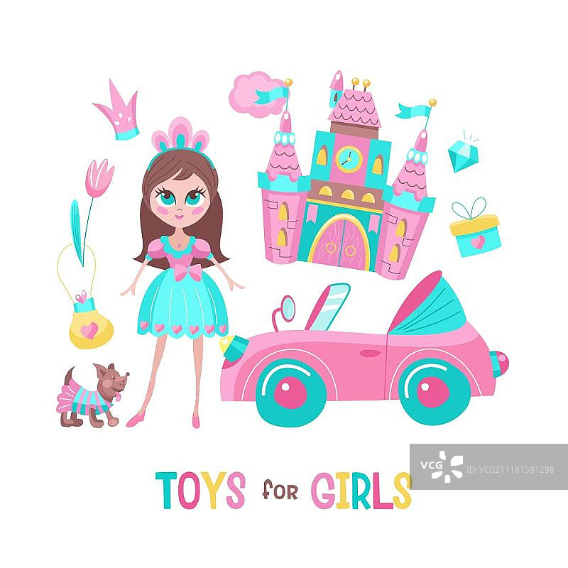 玩具的女孩。向量的剪纸艺术。粉红色的玩具可转换。穿着戏服的可爱小狗。美丽的女孩洋娃娃。令人难以置信的粉红色的城堡。给公主的王冠。孤立在白色背景上。图片素材