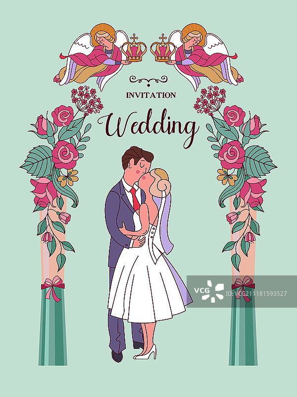 快乐的婚礼。婚礼卡片。婚礼的邀请。新娘和新郎。两个天使把婚礼的花冠举在新娘和新郎的头上。绿廊的玫瑰。可爱的矢量图。图片素材